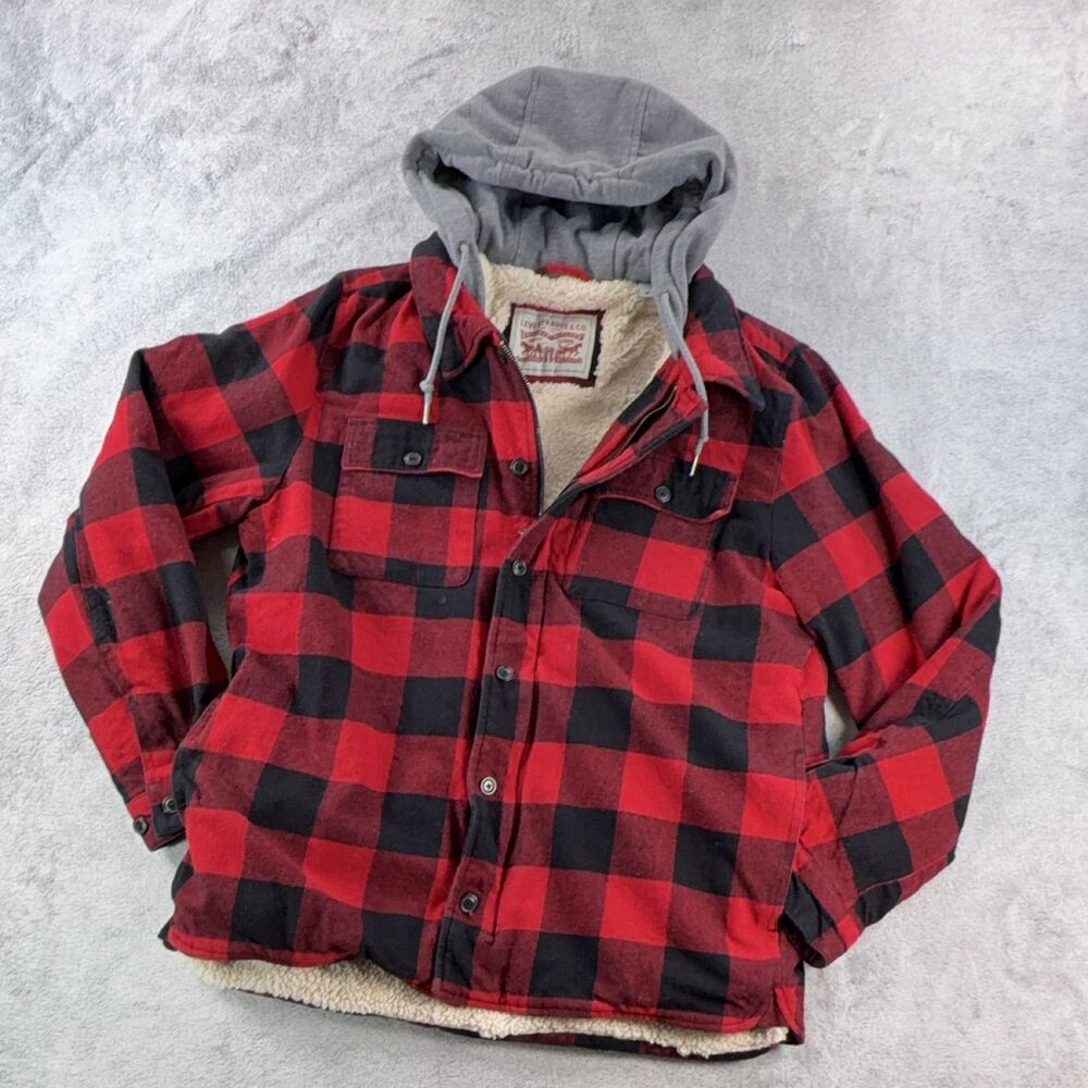 Levi Strauss & Co. Plaid Flannel Puffer Jacket Womens Hooded Faux Fur Lined M